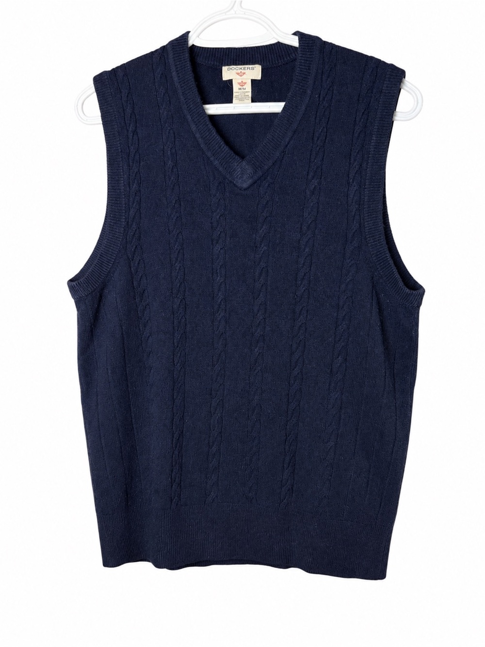 Dockers Men’s Navy Cable Knit Sweater Vest Size Medium V-Neck Preppy Classic
